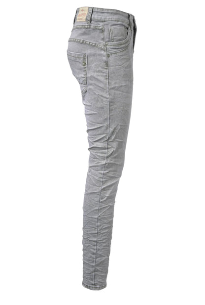 Jewelly Damen Stretch Jeans Five-Pocket im Crash-Look | Boyfriend Hose mit sichtbarer Knopfleiste