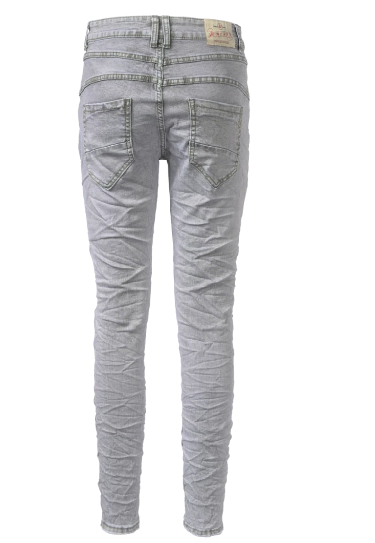 Jewelly Damen Stretch Jeans Five-Pocket im Crash-Look | Boyfriend Hose mit sichtbarer Knopfleiste