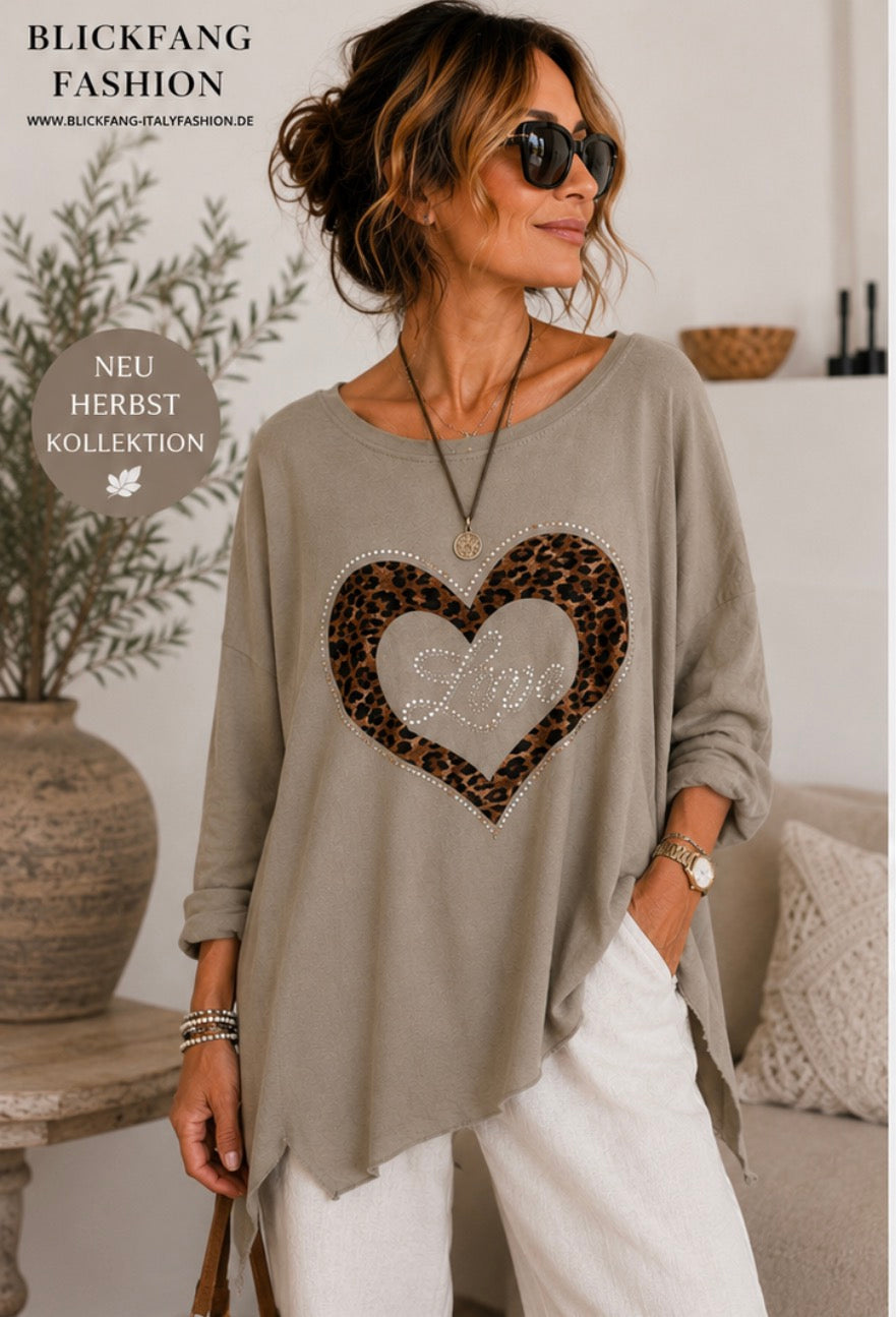 🤎 Blickfang Herbstliebling – Oversize Baumwollshirt mit Leo-Herz