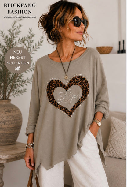 🤎 Blickfang Herbstliebling – Oversize Baumwollshirt mit Leo-Herz