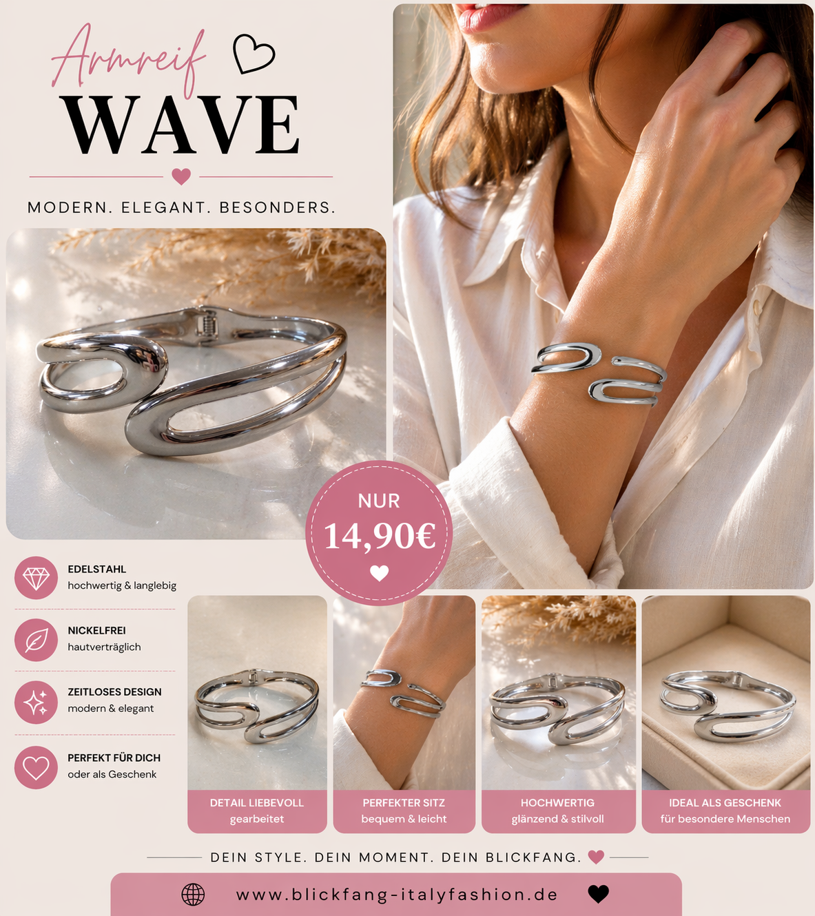 Edelstahl Armreif „Wave“