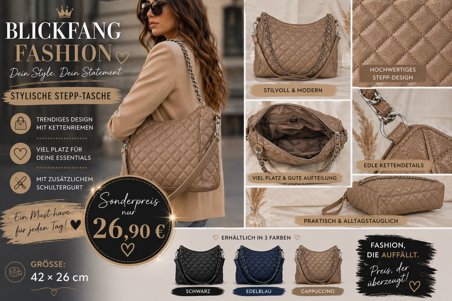Dein neuer Alltagsliebling - Stylische Stepp Tasche
