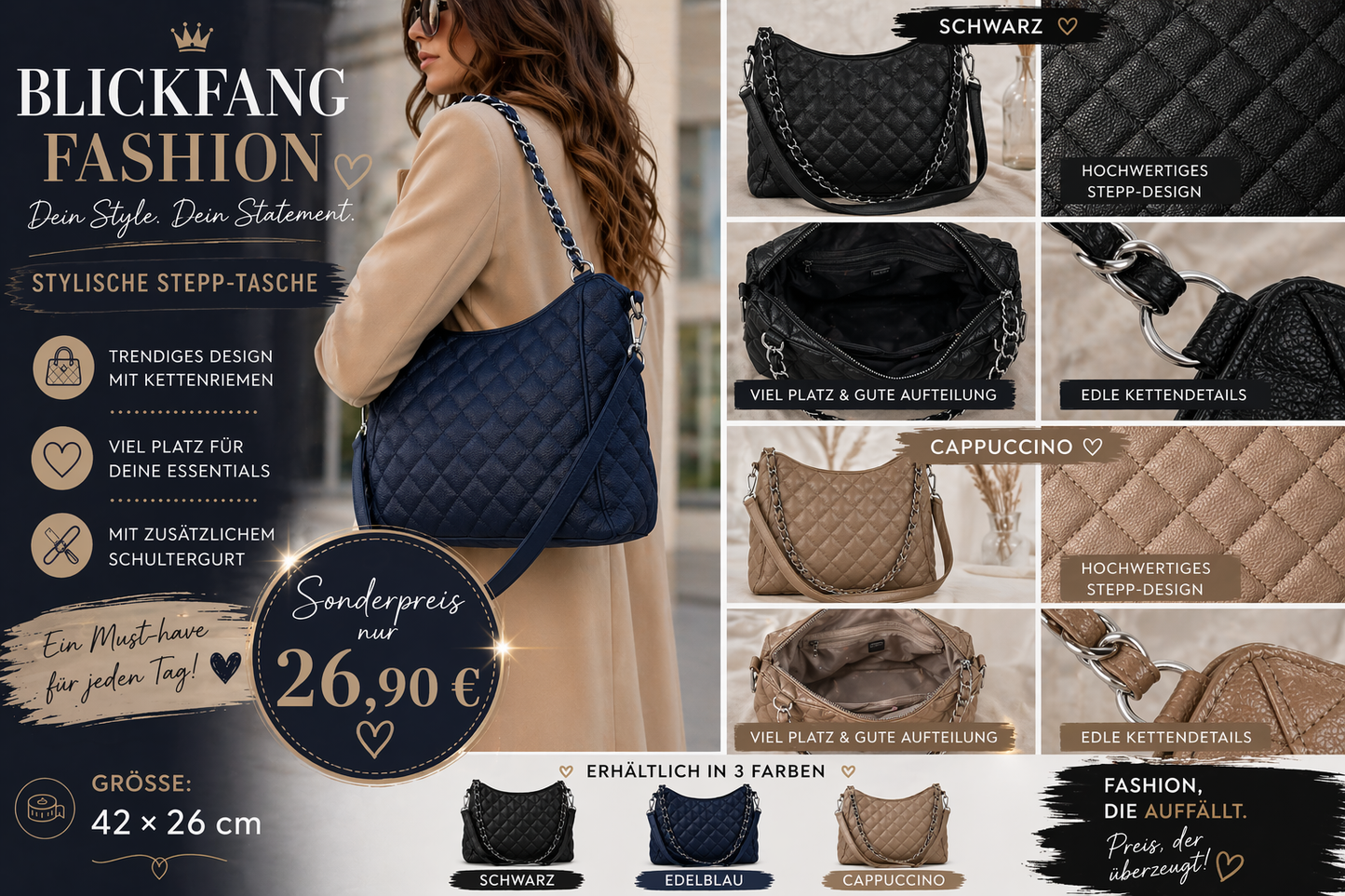 Dein neuer Alltagsliebling - Stylische Stepp Tasche