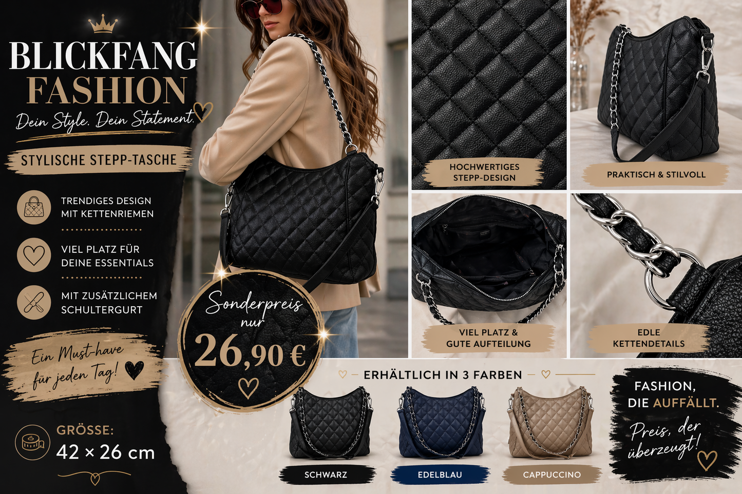 Dein neuer Alltagsliebling - Stylische Stepp Tasche