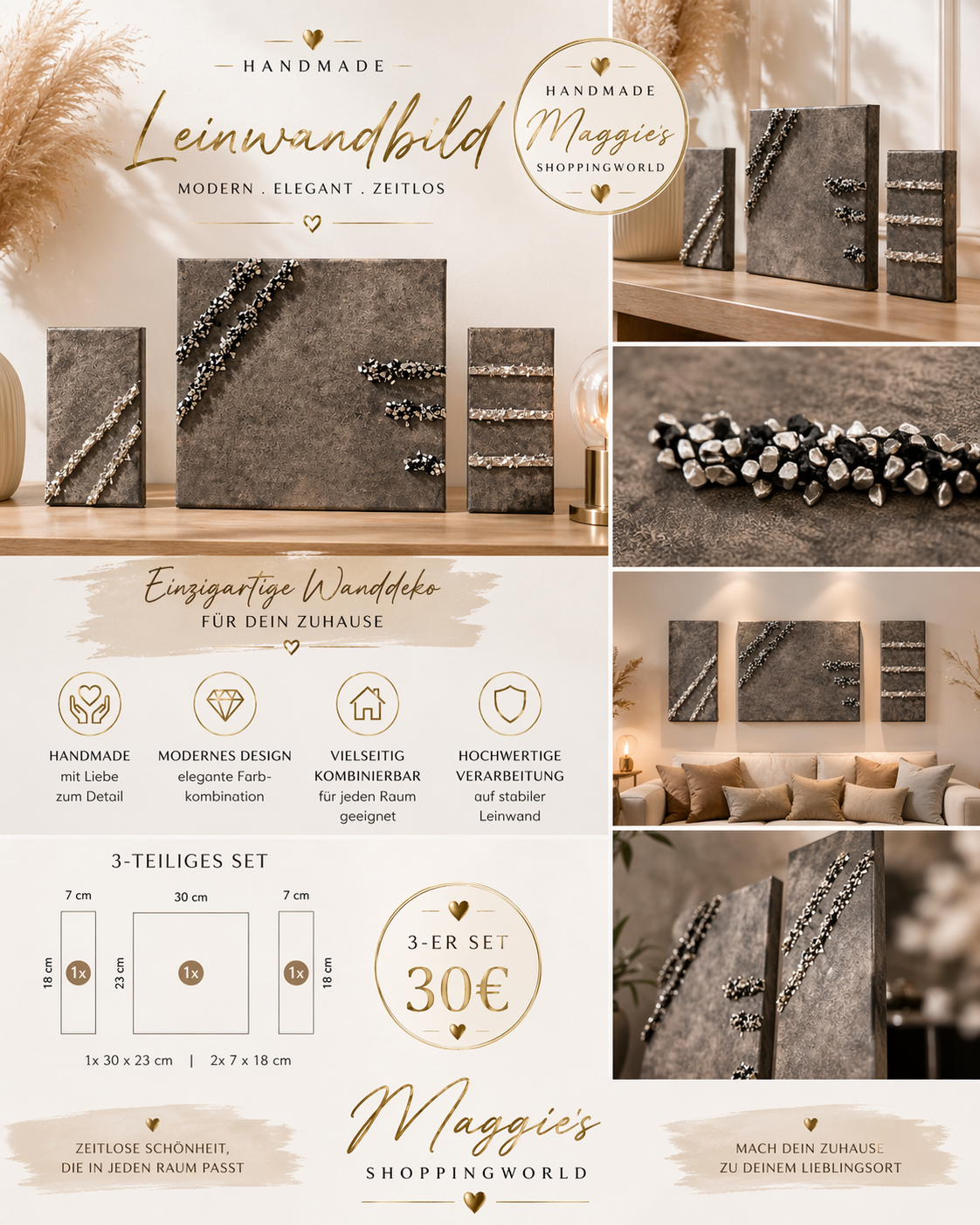 3-teiliges Leinwandbild Handmade Luxus