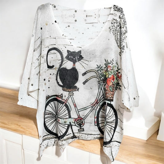 Oversize-Pullover mit Katzen- und Fahrrad-Motiv