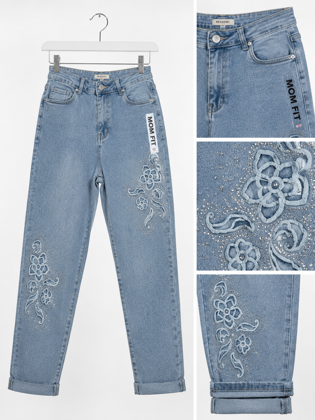 Jeans mit Strass & Floraler Stickerei