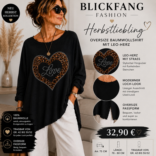 🤎 Blickfang Herbstliebling – Oversize Baumwollshirt mit Leo-Herz