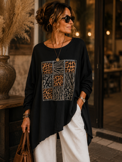 Trendiger Leo-Patchwork-Print mit funkelnden Strassdetails