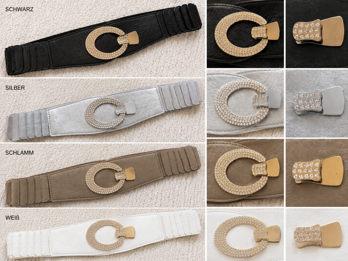 Glamour Stretch-Gürtel mit Strass-Ovalschließe – Eleganter Taillengürtel in 4 Farben