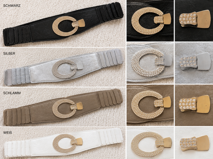 Glamour Stretch-Gürtel mit Strass-Ovalschließe – Eleganter Taillengürtel in 4 Farben