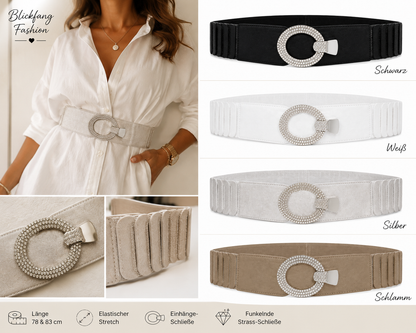 Glamour Stretch-Gürtel mit Strass-Ovalschließe – Eleganter Taillengürtel in 4 Farben