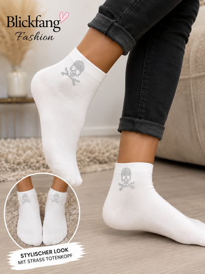 Strass-Totenkopf Sneaker-Socken – Stylischer Hingucker in Weiß | Baumwolle | Größe 36–41
