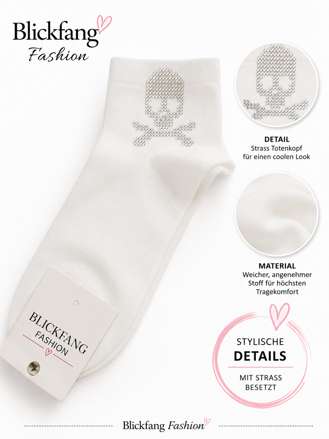 Strass-Totenkopf Sneaker-Socken – Stylischer Hingucker in Weiß | Baumwolle | Größe 36–41
