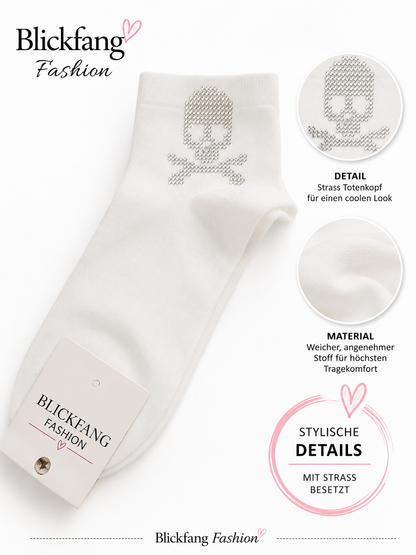 Strass-Totenkopf Sneaker-Socken – Stylischer Hingucker in Weiß | Baumwolle | Größe 36–41