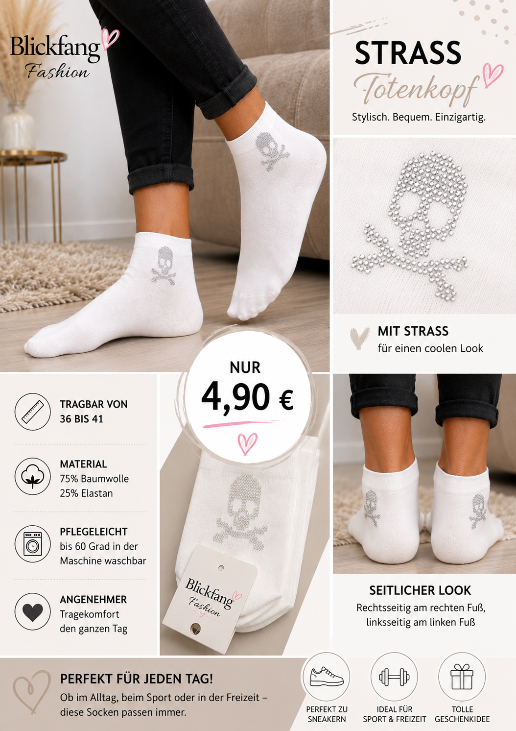 Strass-Totenkopf Sneaker-Socken – Stylischer Hingucker in Weiß | Baumwolle | Größe 36–41