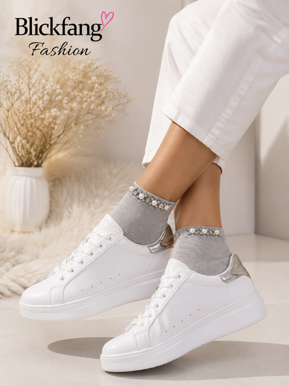 Perlen Sneaker-Socken – Eleganter Glitzer-Look mit Perlen & Strass | Grau | Größe 36–41