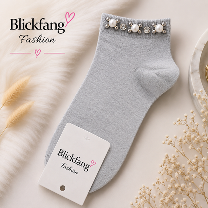Perlen Sneaker-Socken – Eleganter Glitzer-Look mit Perlen & Strass | Grau | Größe 36–41