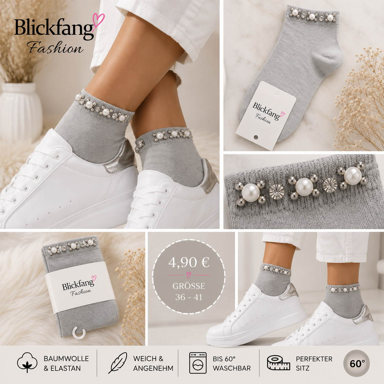 Perlen Sneaker-Socken – Eleganter Glitzer-Look mit Perlen & Strass | Grau | Größe 36–41