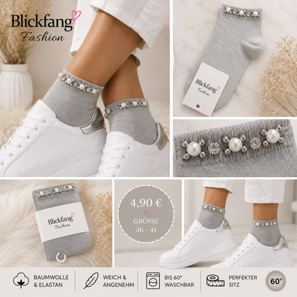 Perlen Sneaker-Socken – Eleganter Glitzer-Look mit Perlen & Strass | Grau | Größe 36–41