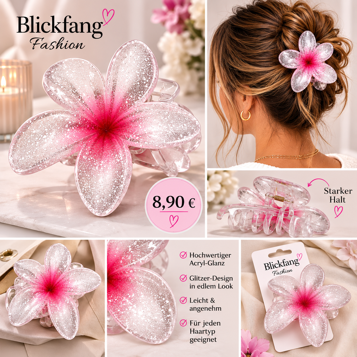 XL-Lotus Haarklammer mit Glitzer-Effekt – Eleganter Sommer-Look | Rosa |