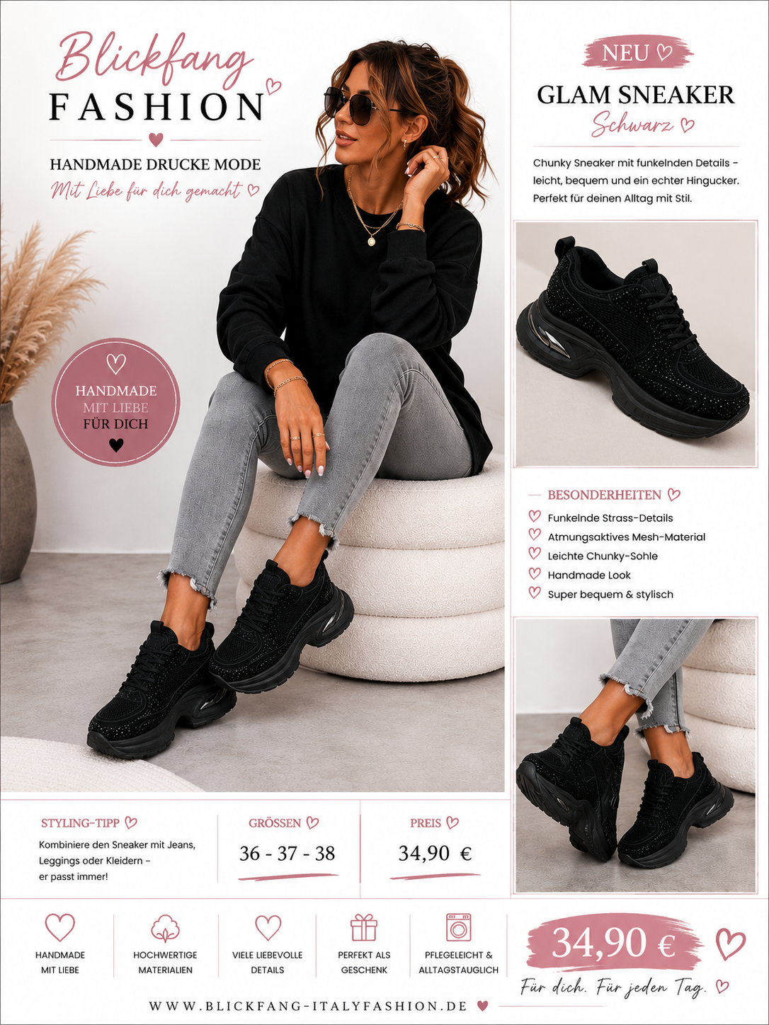 Glam Chunky Sneaker Schwarz – Glitzer trifft Komfort