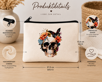 Handmade Canvas-Tasche Totenkopf mit Blumen – Stylische Kosmetiktasche | 21,5 × 13,5 cm