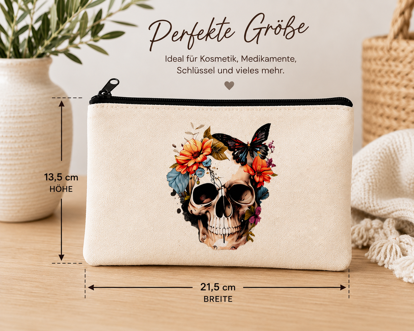Handmade Canvas-Tasche Totenkopf mit Blumen – Stylische Kosmetiktasche | 21,5 × 13,5 cm