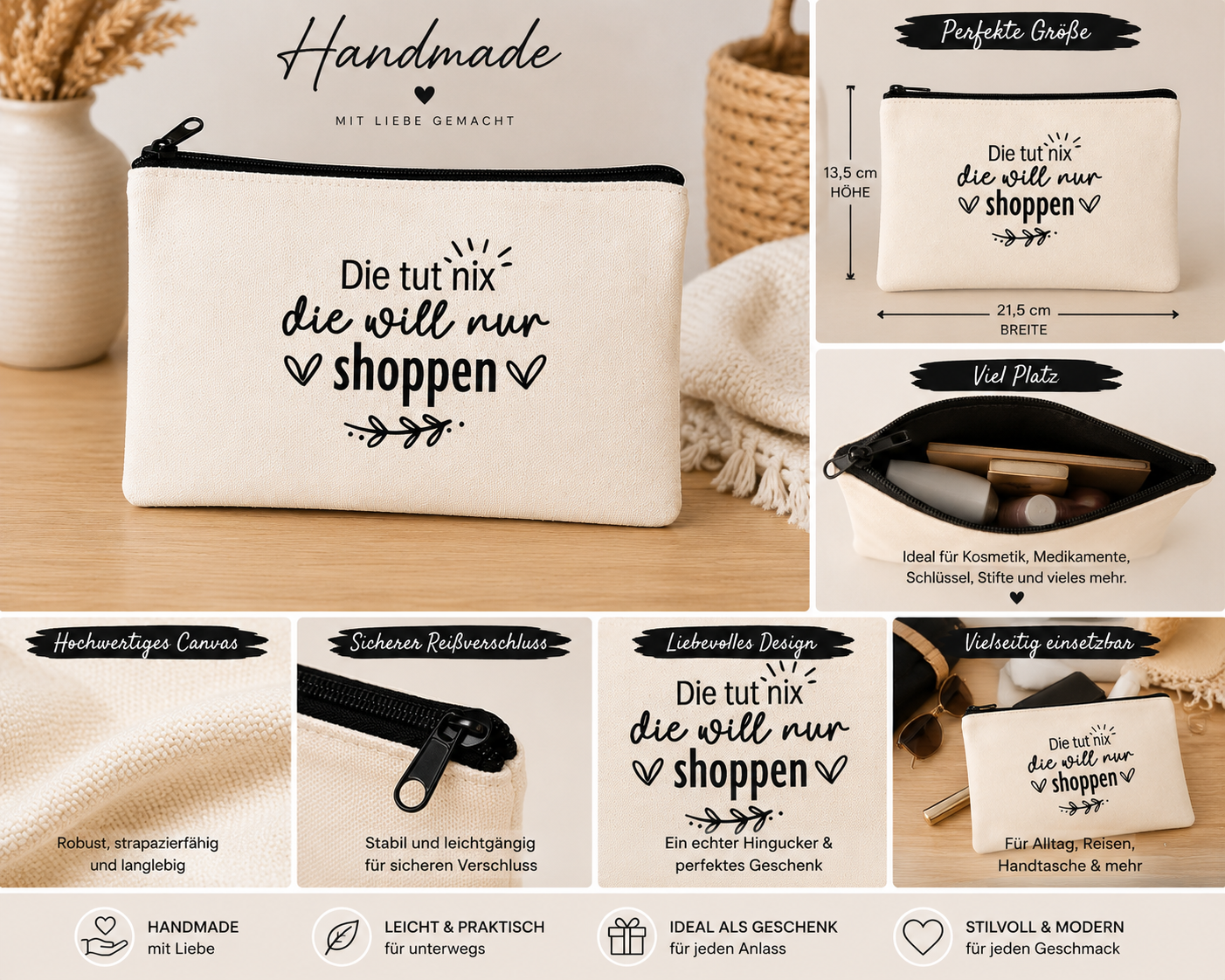 Handmade Canvas-Tasche „Die tut nix – die will nur shoppen“ – Lustige Kosmetiktasche | 21,5 × 13,5 cm