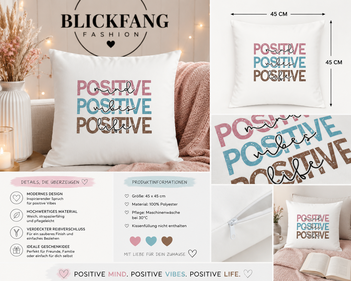 Kissenhülle „Positive Mind • Positive Vibes • Positive Life“ – 45 × 45 cm | Modernes Wohnaccessoire