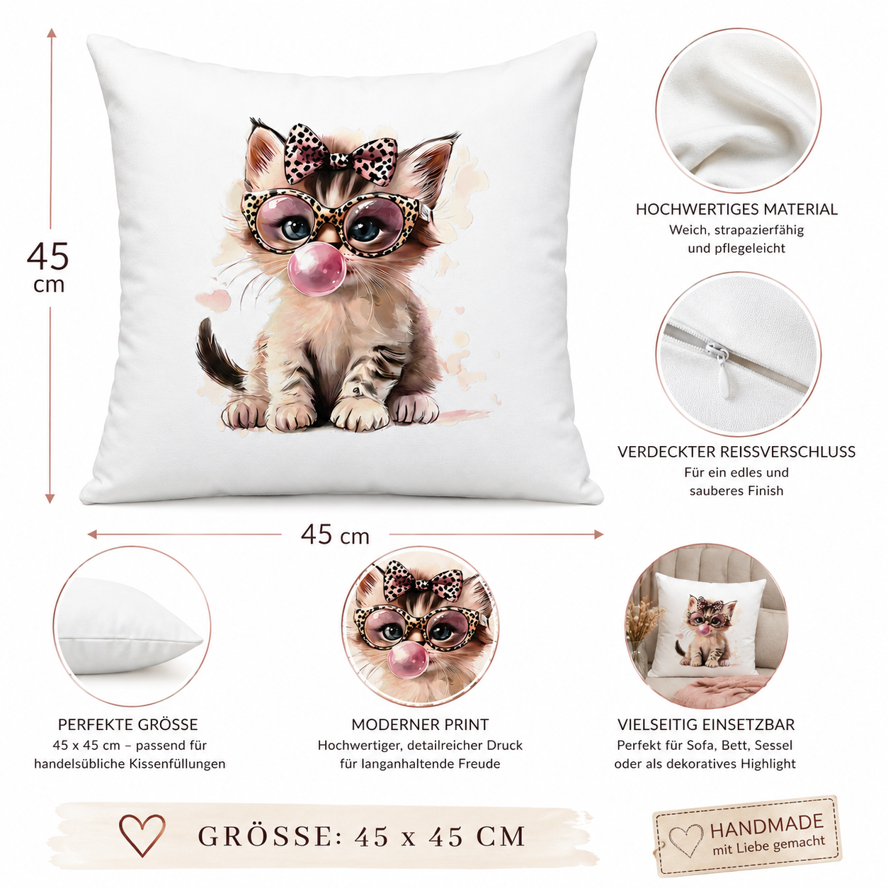 Kissenhülle „Stylisches Kätzchen“ – 45 × 45 cm | Süßes Katzenmotiv mit Schleife & Leo-Brille