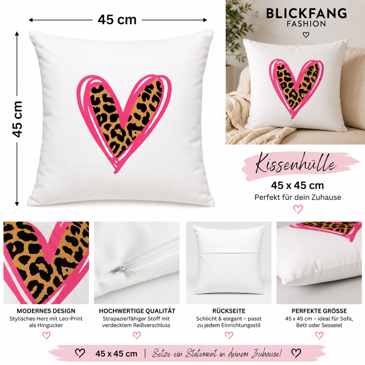 Handmade Kissenhülle Herz Leo – Stylischer Blickfang für dein Zuhause | 45 × 45 cm