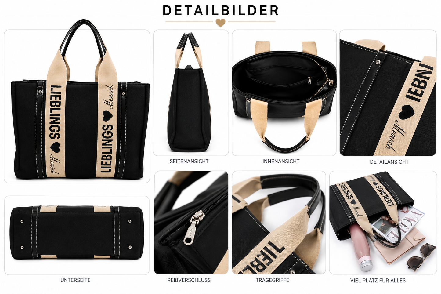 Statement Shopper “Lieblingsmensch” – Stilvolle Damen-Handtasche in Schwarz | Trendtasche für Alltag & Shopping | 39,90