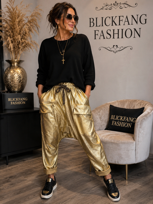Metallic Haremshose Gold – Stylischer Statement-Look mit Leo-Detail | Blickfang Fashion