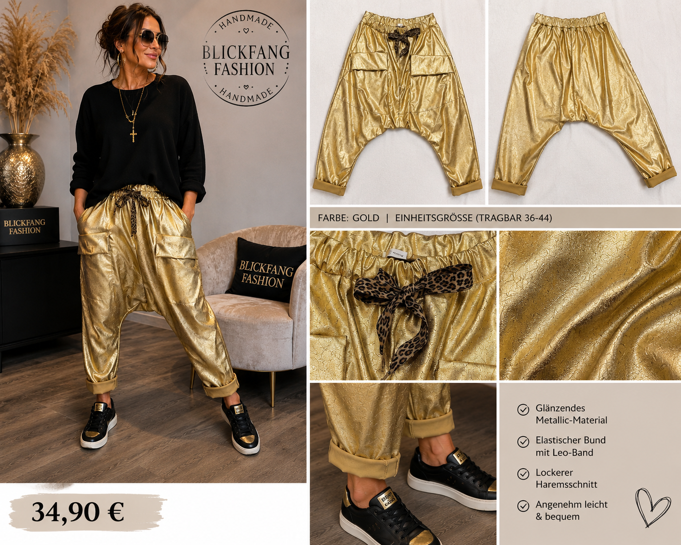 Metallic Haremshose Gold – Stylischer Statement-Look mit Leo-Detail | Blickfang Fashion