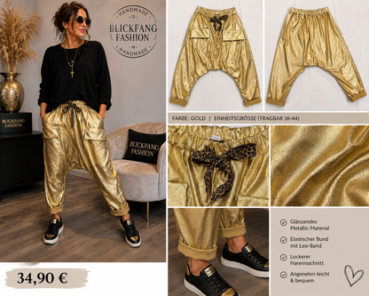 Metallic Haremshose Gold – Stylischer Statement-Look mit Leo-Detail | Blickfang Fashion