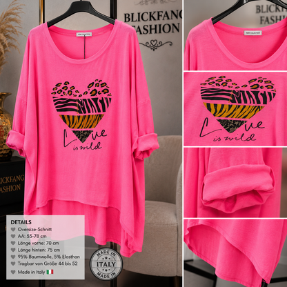 Oversize-Shirt „Love is Wild“ – Neon Pink mit stylischem Animal-Herz | Made in Italy