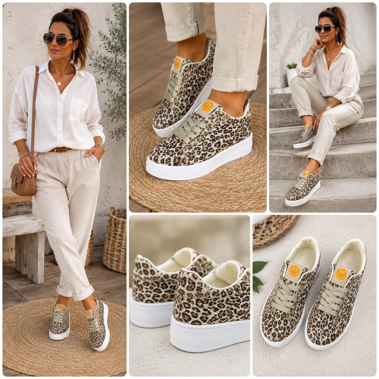 🐆 Leo Plateau-Sneaker mit Smiley – Trendiger Eyecatcher für jeden Look