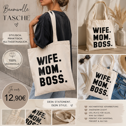 Statement Baumwolltasche – WIFE. MOM. BOSS. | Dein stylischer Alltagsbegleiter