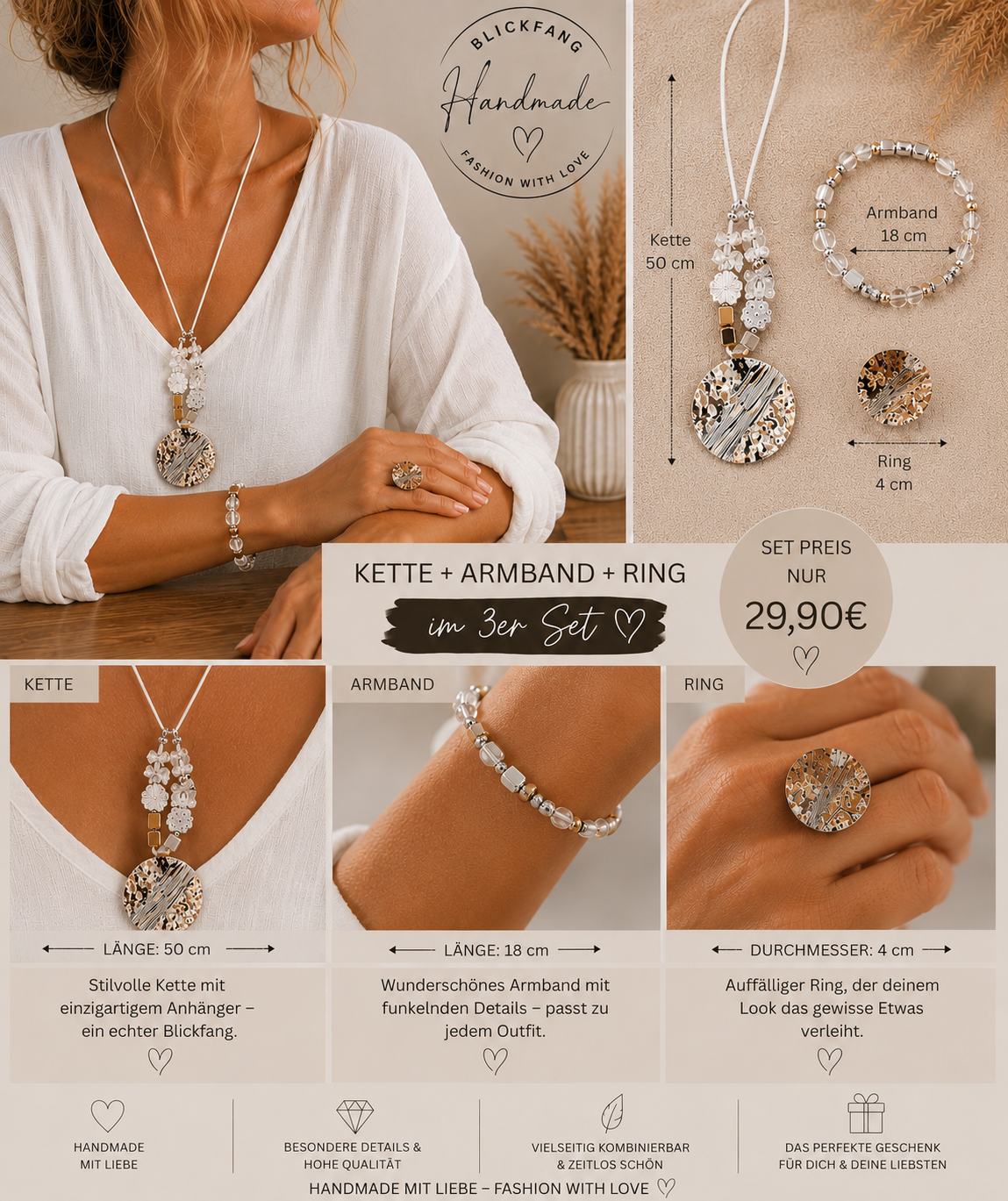 Handmade Schmuckset – Kette, Armband & Ring | 3er-Set nur 29,90 €