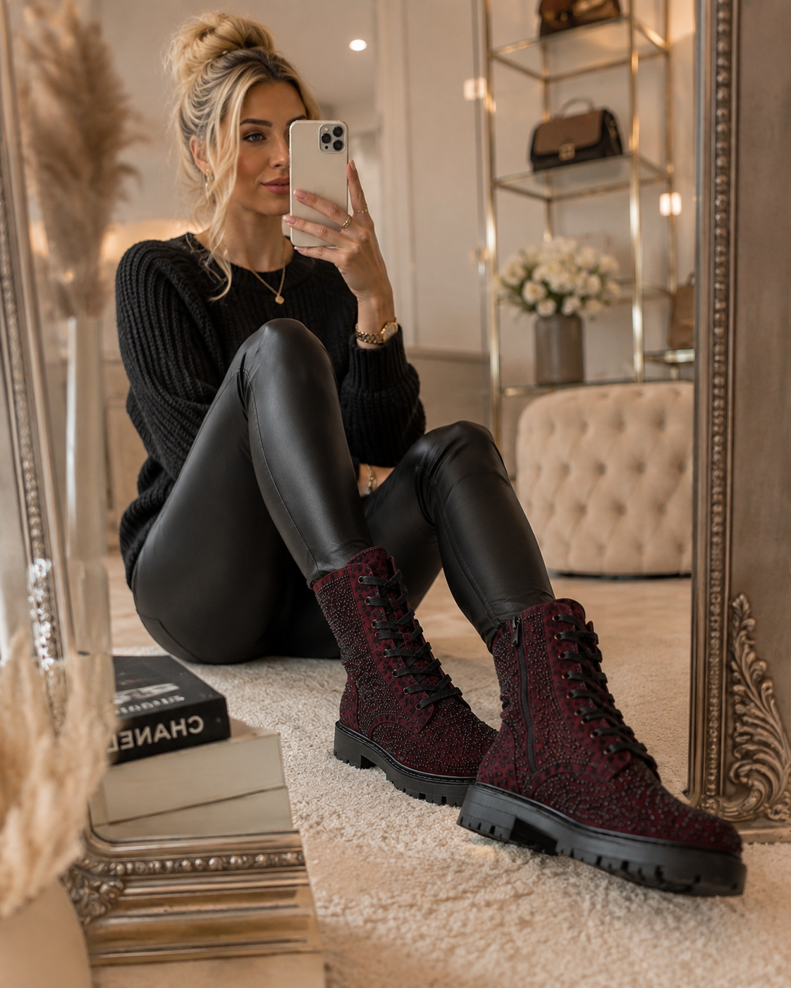 Bordeaux Statement Boots mit Leo & Glitzer | 36–41