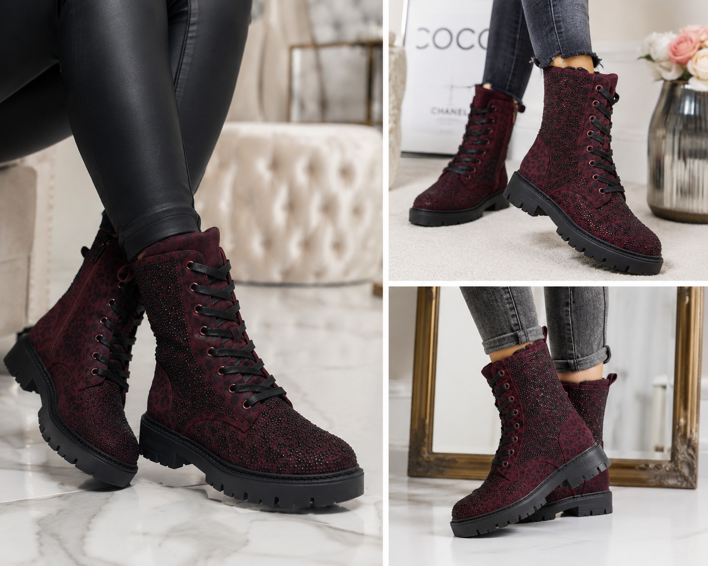 Bordeaux Statement Boots mit Leo & Glitzer | 36–41