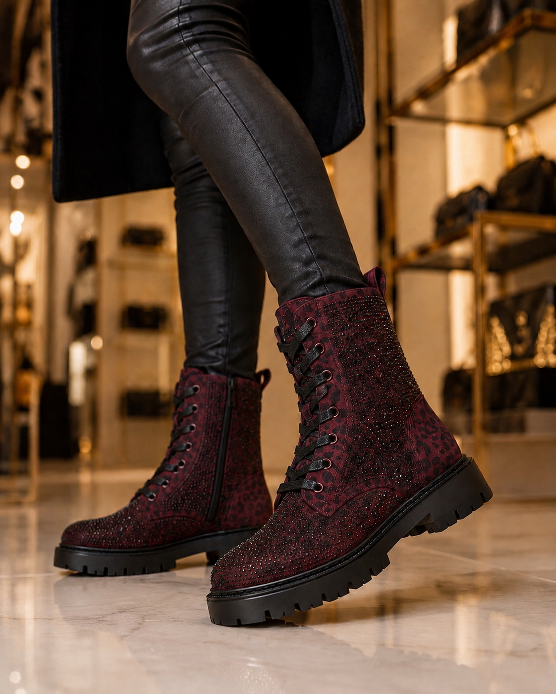 Bordeaux Statement Boots mit Leo & Glitzer | 36–41