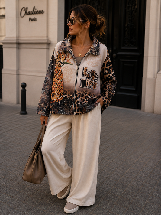 LOVE LIFE Statement-Jacke 🐆 Waschleder-Look mit Leo & Rückenprint
