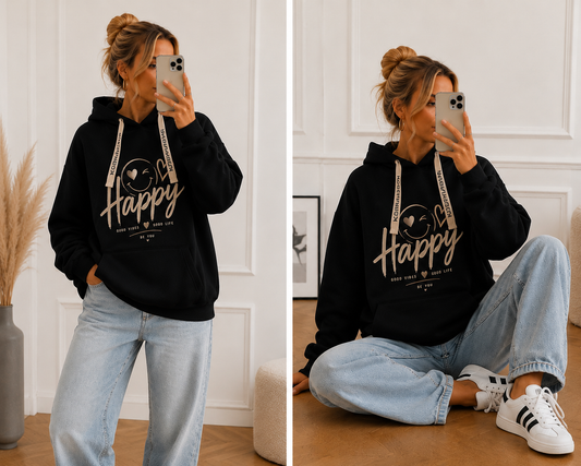 HAPPY Oversize Hoodie 🖤 Good Vibes Statement mit Kopenhagen-Bändern