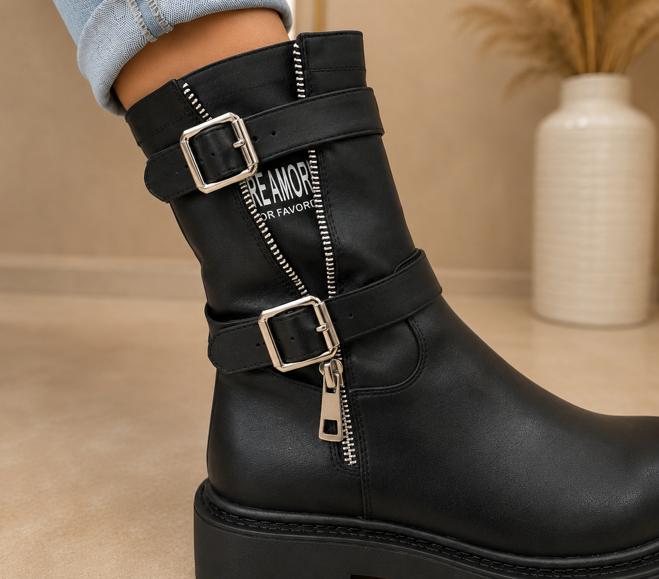 Statement Biker Boots – Black | Trend-Boots mit Schnallen