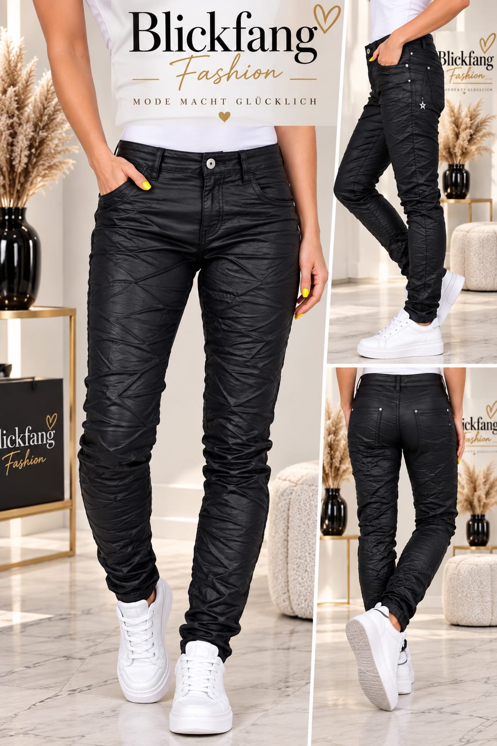 KAROSTAR Crinkle Kunstlederhose – Schwarz