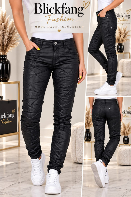 KAROSTAR Crinkle Kunstlederhose – Schwarz
