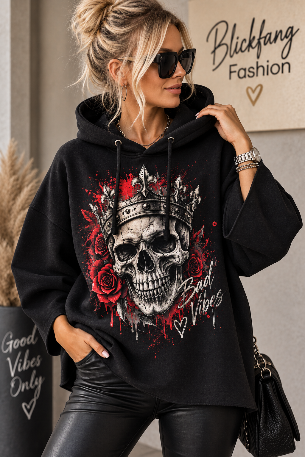 💀 SKULL CROWN 🖤 – Rockiger Statement Hoodie mit Rosen