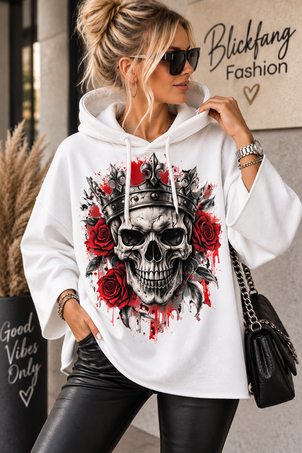💀 SKULL CROWN 🖤 – Rockiger Statement Hoodie mit Rosen
